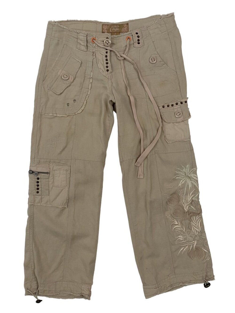 Vintage 2000s Candies tan low rise cargo capris with studding and embroidery